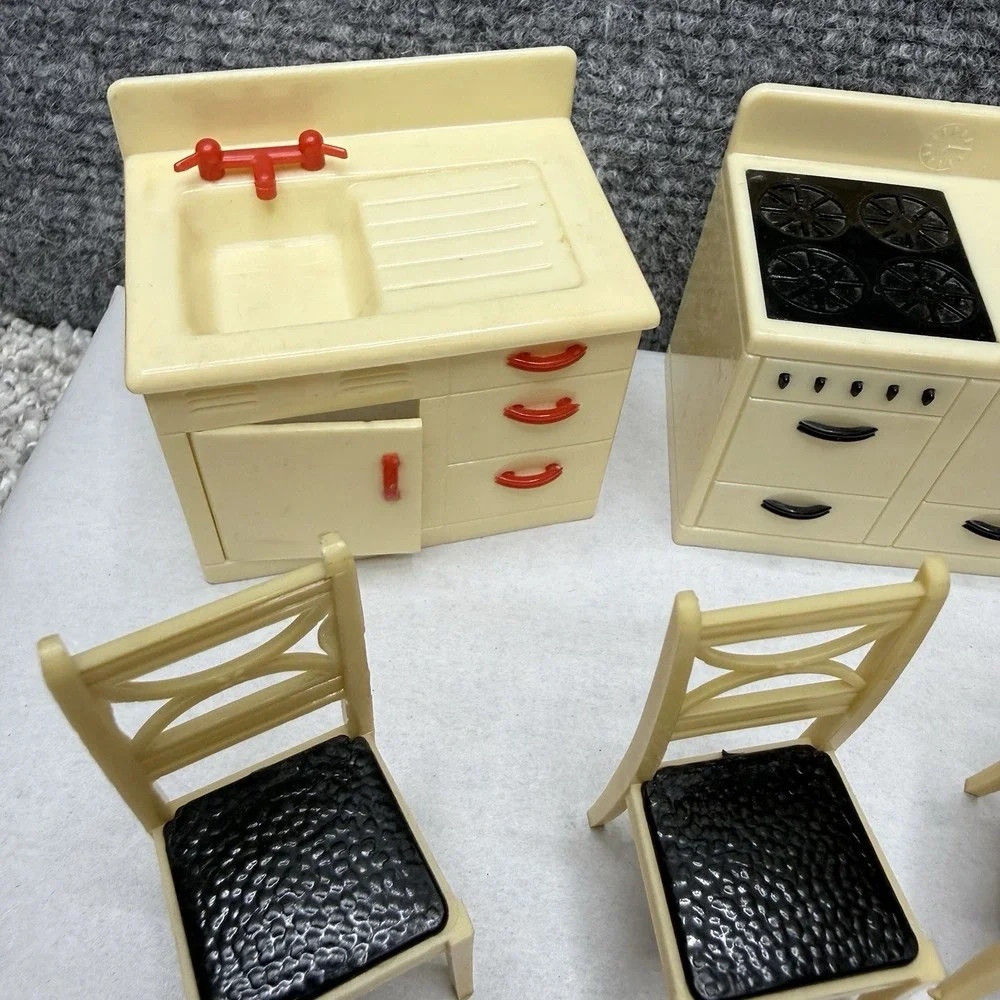 Vintage Renwal dollhouse kitchen furniture chairs sink stove fridge lot